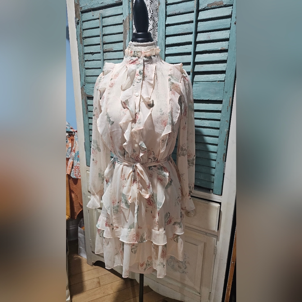 LOFT Cream Ruffle Mini Dress NWT